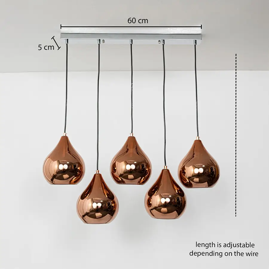 Adjustable five light copper pendant cluster with glossy teardrop shades shown with a clear hanging height guide for accurate visual presentation.