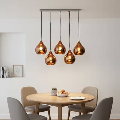 Amber metallic glass pendant lights creating cozy ambience above the dining table in elegant interiors.