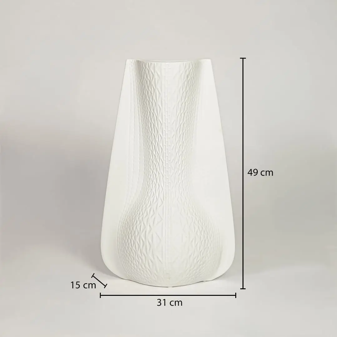 Dimension image of matte white textured ceramic vase with flared winged side profile showing 49 cm height and 31 cm width.