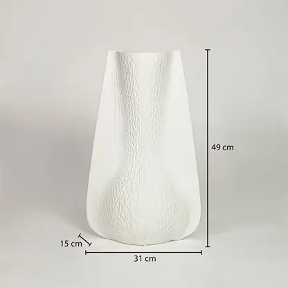 Dimension image of matte white textured ceramic vase with flared winged side profile showing 49 cm height and 31 cm width.