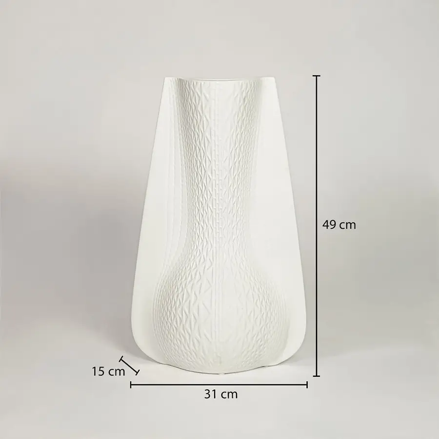 Dimension image of matte white textured ceramic vase with flared winged side profile showing 49 cm height and 31 cm width.