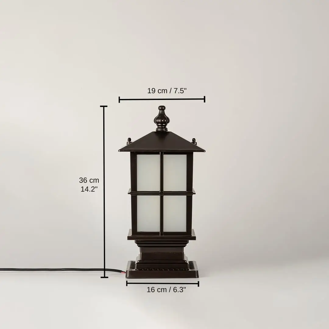 Closeup of black outdoor gate light with frosted glass panels for luxury exterior decor styling use, 36 x 16 x 19 cm (14.2 x 6.3 x 7.5 inches) dimensions