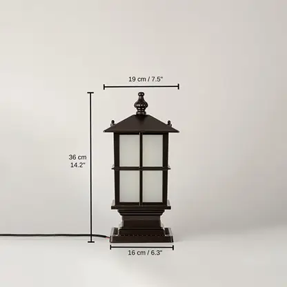 Closeup of black outdoor gate light with frosted glass panels for luxury exterior decor styling use, 36 x 16 x 19 cm (14.2 x 6.3 x 7.5 inches) dimensions