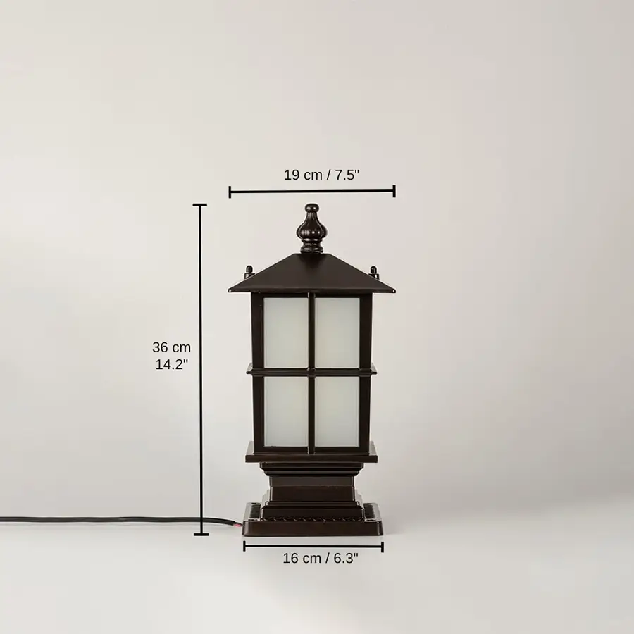 Closeup of black outdoor gate light with frosted glass panels for luxury exterior decor styling use, 36 x 16 x 19 cm (14.2 x 6.3 x 7.5 inches) dimensions