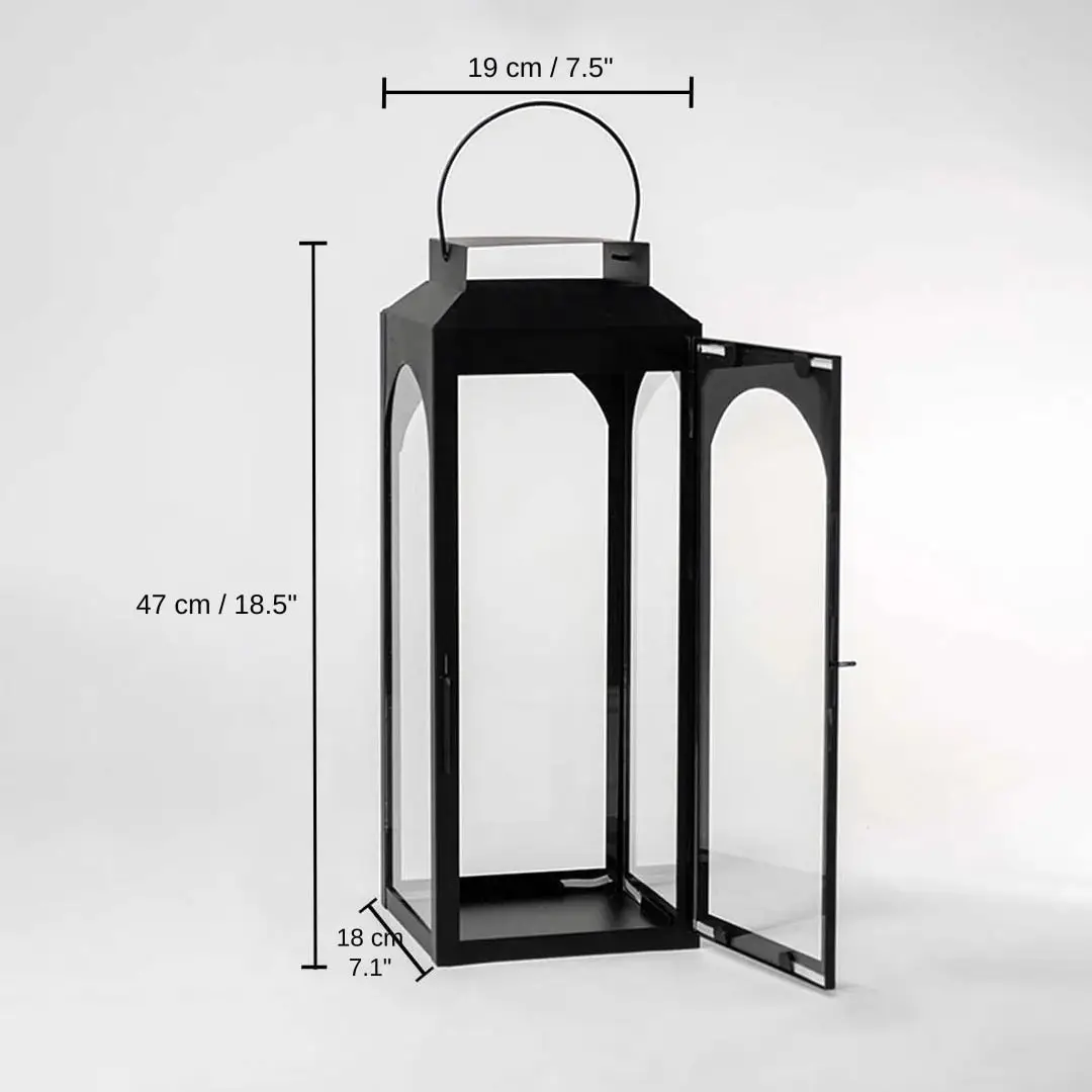 Ebony Black Metal Lantern - Large, 47 x 19 x 18 cm (18.5 x 7.5 x 7.1 inches) dimensions