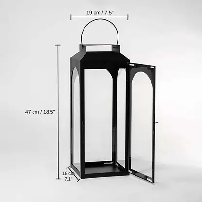 Ebony Black Metal Lantern - Large, 47 x 19 x 18 cm (18.5 x 7.5 x 7.1 inches) dimensions