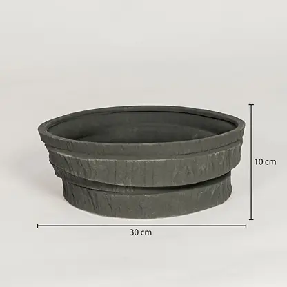 Black ceramic decorative serving bowl showing 30 cm diameter and 10 cm height ideal for dining table centerpiece and kitchen decor display.