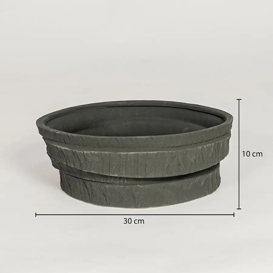 Black ceramic decorative serving bowl showing 30 cm diameter and 10 cm height ideal for dining table centerpiece and kitchen decor display.