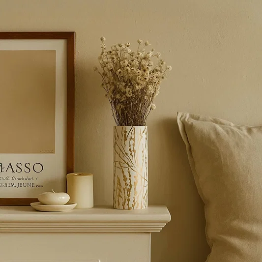Tall white vase with gold accent panels displayed in a soft lifestyle setting adding a modern decorative touch to interior styling with its sleek vertical design.