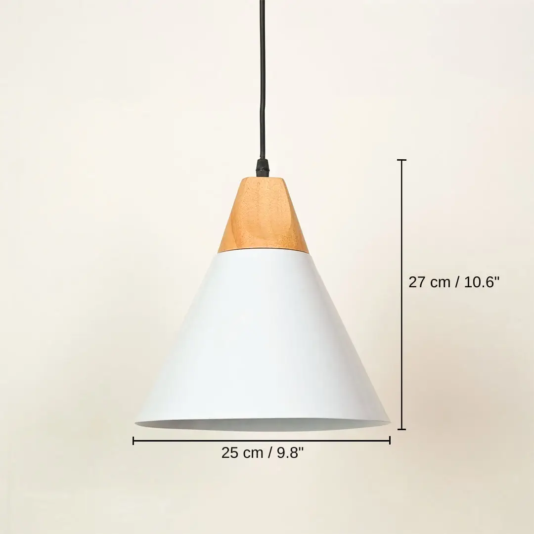 Cone-shaped pendant light with a white metal shade, a natural wood accent cone, and a black hanging cord, 27 x 25 x 25 cm (10.6 x 9.8 x 9.8 inches) dimensions