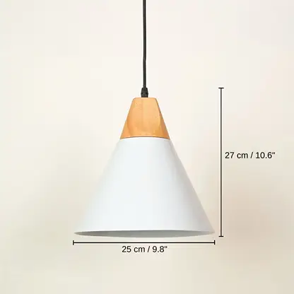 Cone-shaped pendant light with a white metal shade, a natural wood accent cone, and a black hanging cord, 27 x 25 x 25 cm (10.6 x 9.8 x 9.8 inches) dimensions