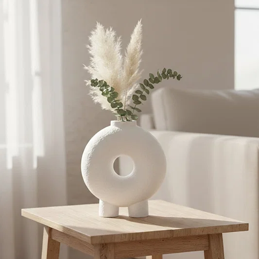 White ceramic donut vase with dried stems placed on wooden side table adding soft minimalist charm to living room decor.