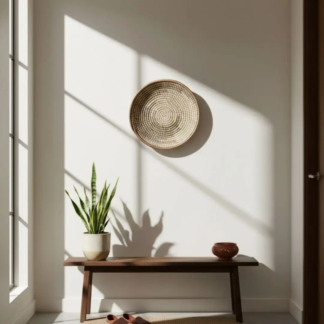 Natural fiber wall basket placed above a wooden bench with greenery highlighted by soft daylight for a serene modern interior look.