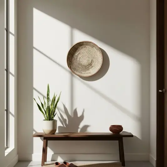 Natural fiber wall basket placed above a wooden bench with greenery highlighted by soft daylight for a serene modern interior look.