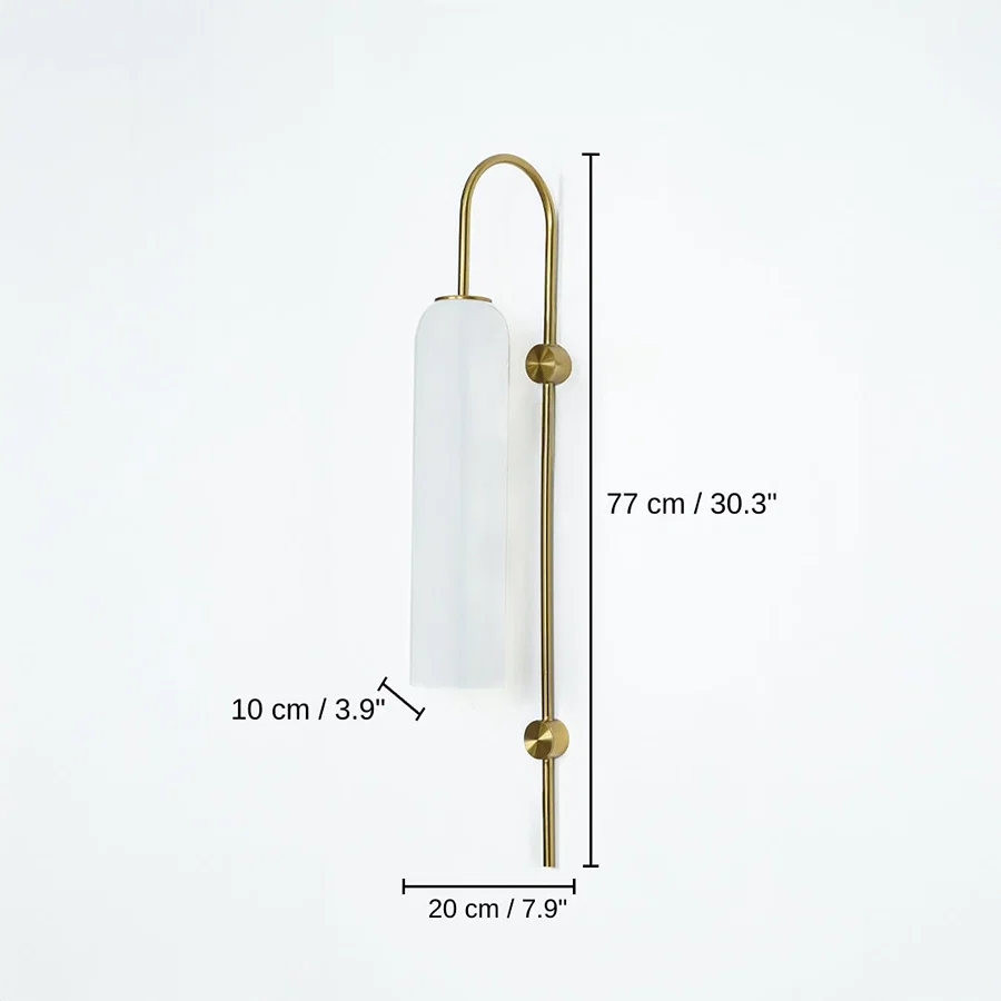 Gold metal frosted glass wall light, 77 x 20 x 10 cm (30.3 x 7.9 x 3.9 inches) dimensions