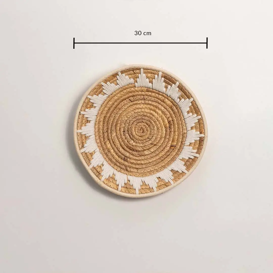 Dimension image of handcrafted natural seagrass wall basket with geometric pattern for boho wall décor display.
