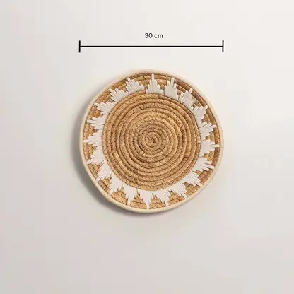 Dimension image of handcrafted natural seagrass wall basket with geometric pattern for boho wall décor display.