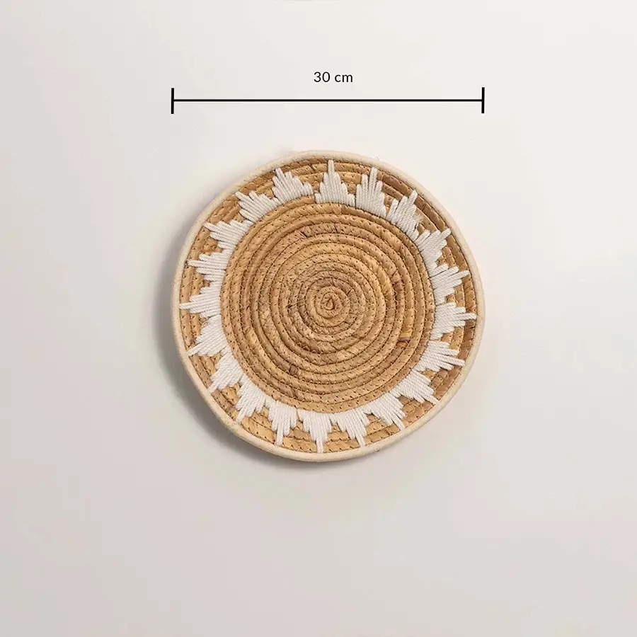 Dimension image of handcrafted natural seagrass wall basket with geometric pattern for boho wall décor display.