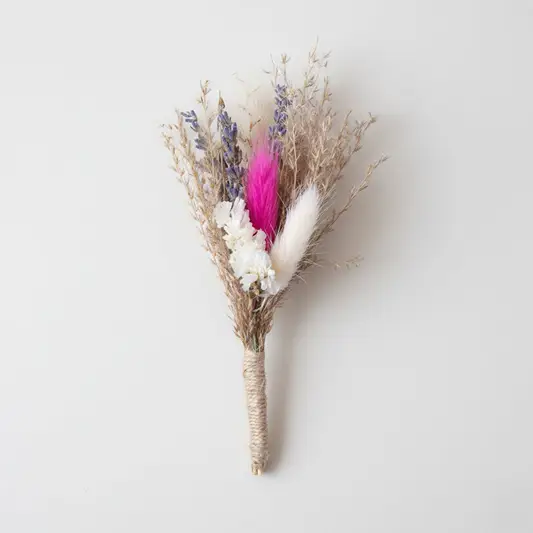 White background image of forar boutonniere for elegant home interior decor styling and modern room tabletop decoration.