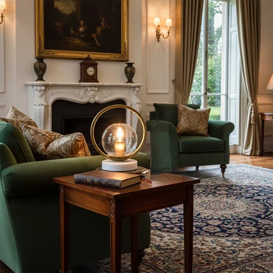 Sleek glass globe table lamp with golden ring and marble foundation providing soft illumination and timeless style to contemporary decor.