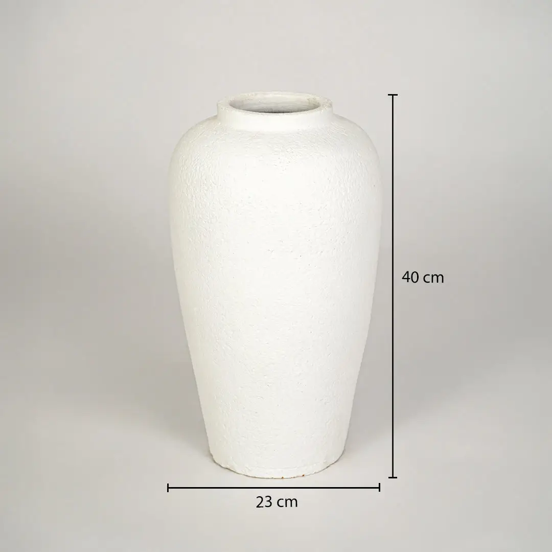 Dimension image of white ceramic floor vase measuring 40 cm for modern home decor with textured finish.