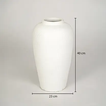 Dimension image of white ceramic floor vase measuring 40 cm for modern home decor with textured finish.