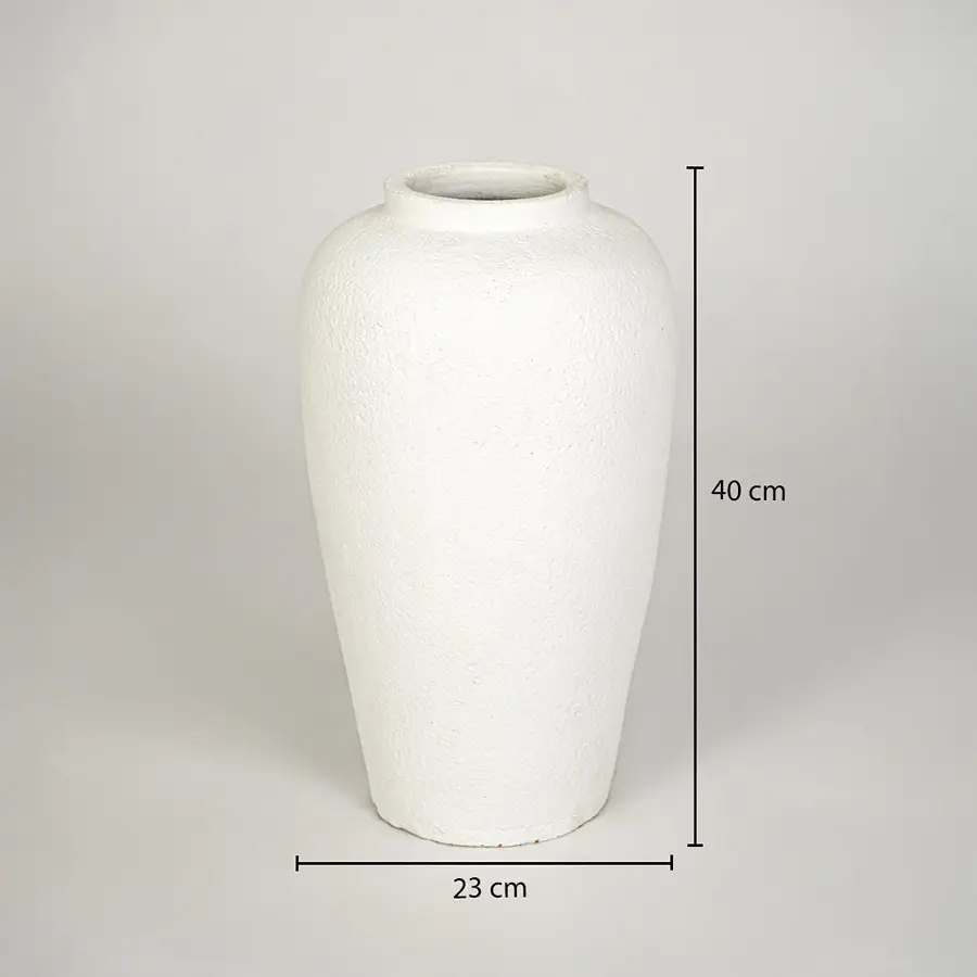Dimension image of white ceramic floor vase measuring 40 cm for modern home decor with textured finish.