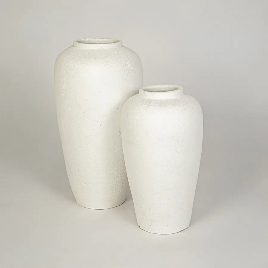 White background image of white ceramic vase set for elegant floor decor styling with textured matte finish.