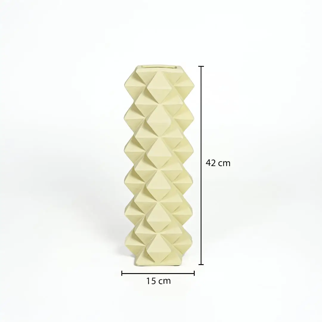 Yellow ceramic floor vase measuring 42 cm height and 15 cm width ideal for corner and entryway decor.