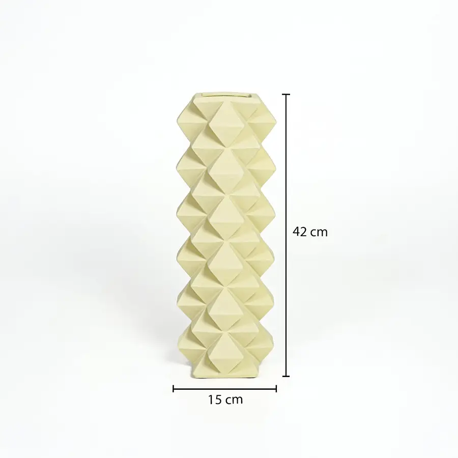 Yellow ceramic floor vase measuring 42 cm height and 15 cm width ideal for corner and entryway decor.