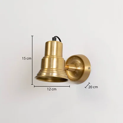 Gold metal wall light measuring 15 cm height 12 cm shade width and 20 cm projection suitable for indoor wall mounting.