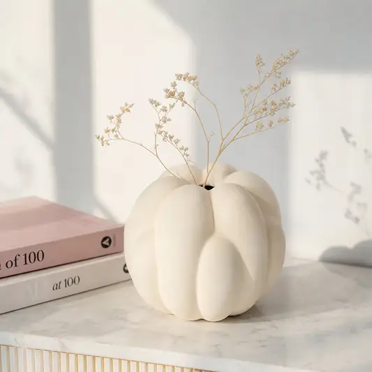Cream textured ceramic vase placed on marble table for elegant contemporary home decor styling.