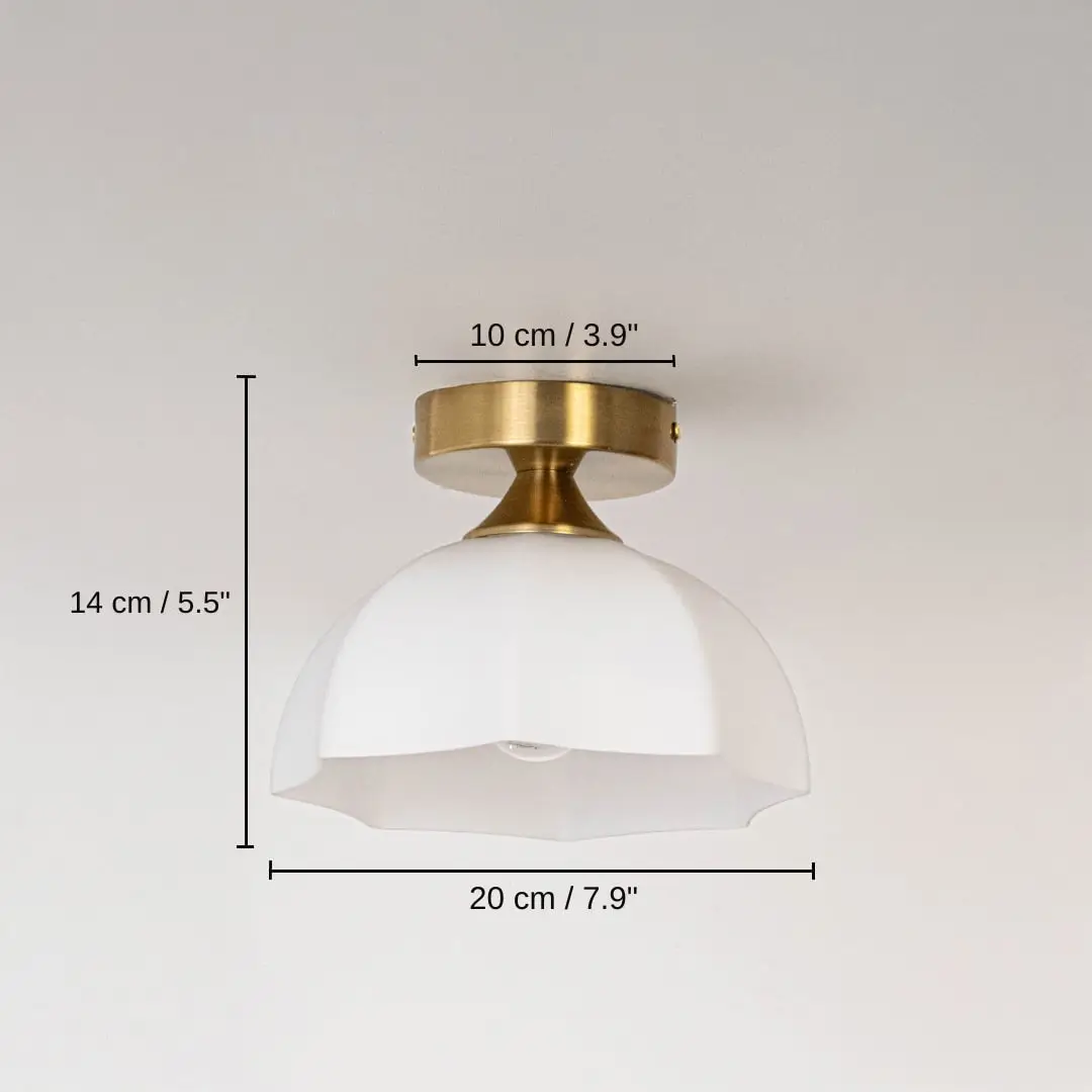 White glass gold ceiling light, base 14 x 20 x 20 cm (5.5 x 7.9 x 7.9 inches), canopy 10 x 10 cm (3.9 x 3.9 inches) dimensions