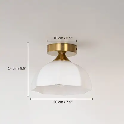 White glass gold ceiling light, base 14 x 20 x 20 cm (5.5 x 7.9 x 7.9 inches), canopy 10 x 10 cm (3.9 x 3.9 inches) dimensions