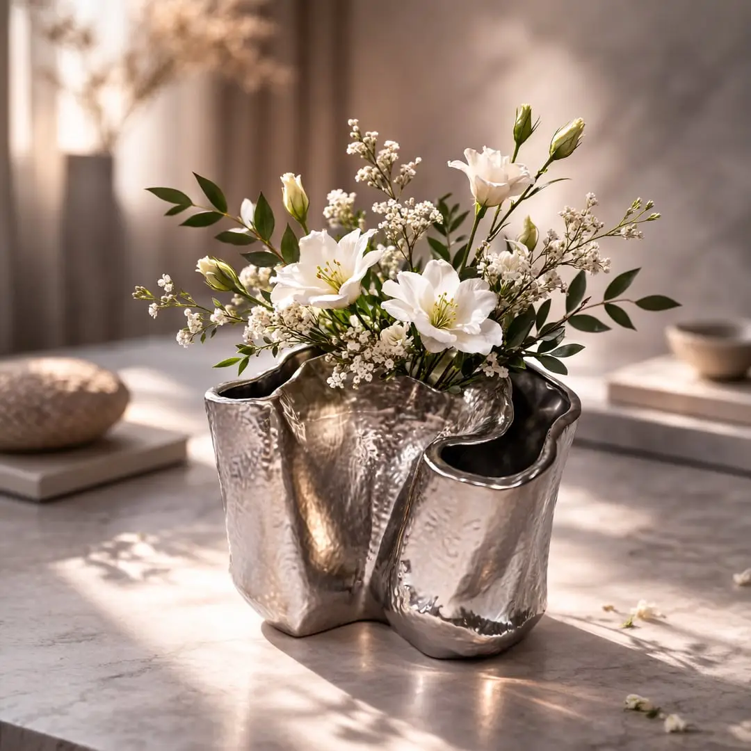 Silver metal decorative vase with floral arrangement placed on table creating elegant and luxurious living space decor.