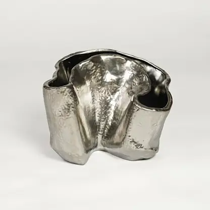 Silver metal decorative vase with sculpted organic design isolated on clean white background for luxury interior decor accent.