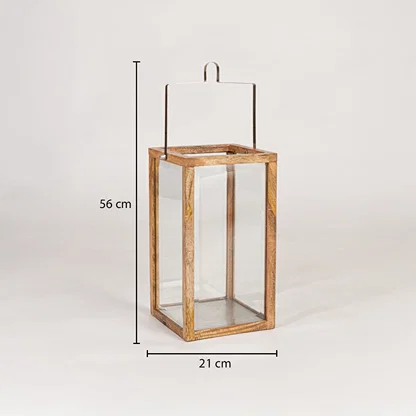 Wooden lantern with clear glass panels measuring 56 cm height and 21 cm width suitable for floor and tabletop Decor.