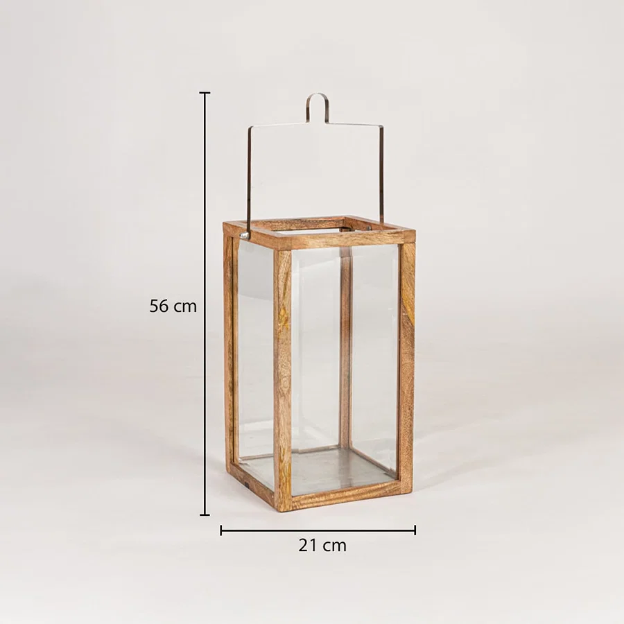 Wooden lantern with clear glass panels measuring 56 cm height and 21 cm width suitable for floor and tabletop Decor.