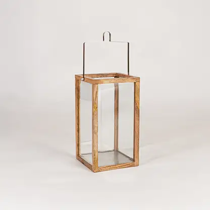 Modern wooden lantern with glass panels on white background perfect for living room entryway and balcony Decor use.