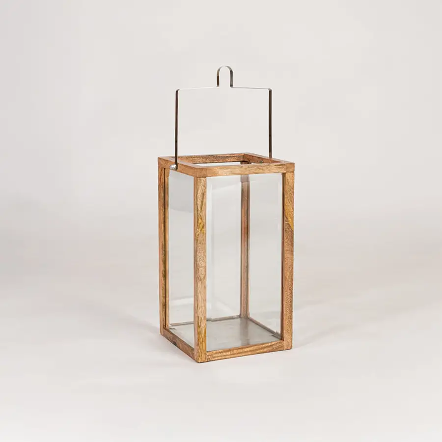 Modern wooden lantern with glass panels on white background perfect for living room entryway and balcony Decor use.