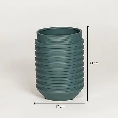 Green ceramic decorative vase showing 17 cm width and 23 cm height ideal for console table shelf and home decor display.