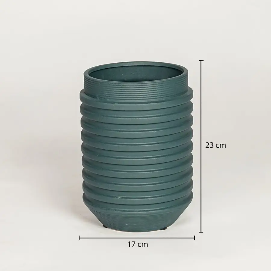 Green ceramic decorative vase showing 17 cm width and 23 cm height ideal for console table shelf and home decor display.