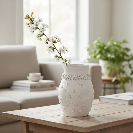 White ceramic embossed decorative vase with floral stem styled on wooden table enhancing elegant modern home decor.