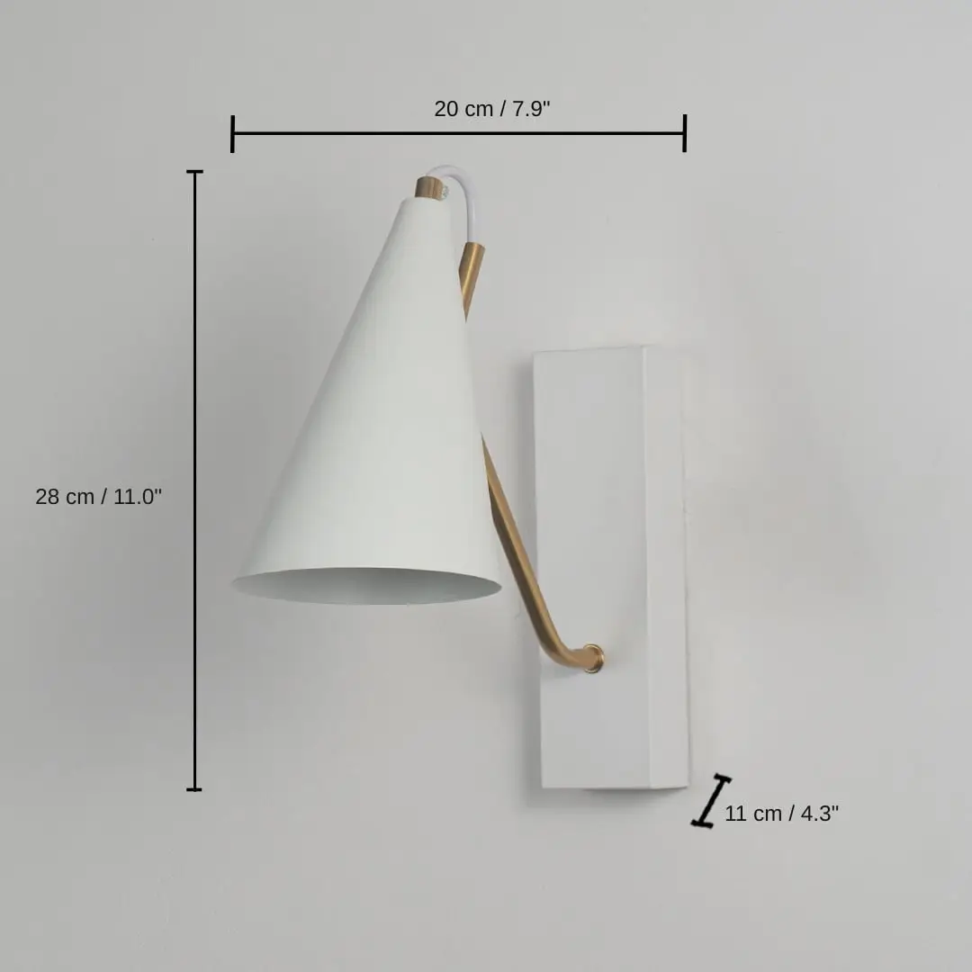Modern wall light with white conical shade and gold arm, 28 x 20 x 11 cm (11.0 x 7.9 x 4.3 inches) dimensions