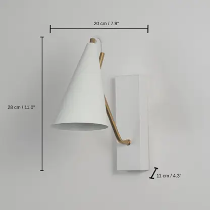 Modern wall light with white conical shade and gold arm, 28 x 20 x 11 cm (11.0 x 7.9 x 4.3 inches) dimensions