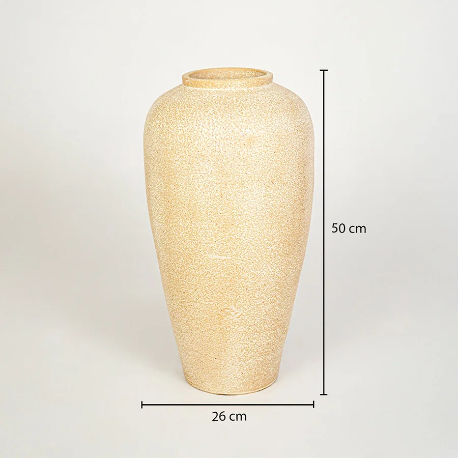 Dimension image of beige ceramic floor vase measuring 50 cm for elegant interior decor with textured matte finish.