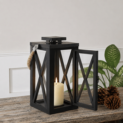 Modern black metal candle lantern with cross frame design adding decorative ambient lighting to outdoor living spaces.