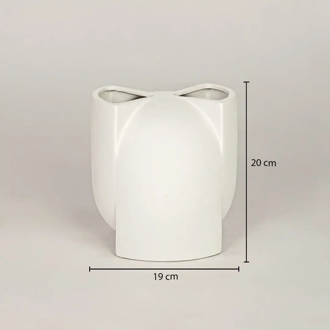 White ceramic decorative vase measuring 26 cm height and 19 cm width for modern tabletop decor placement.