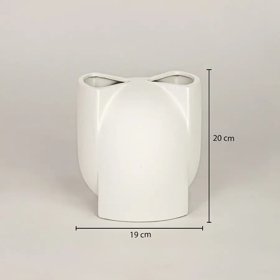 White ceramic decorative vase measuring 26 cm height and 19 cm width for modern tabletop decor placement.