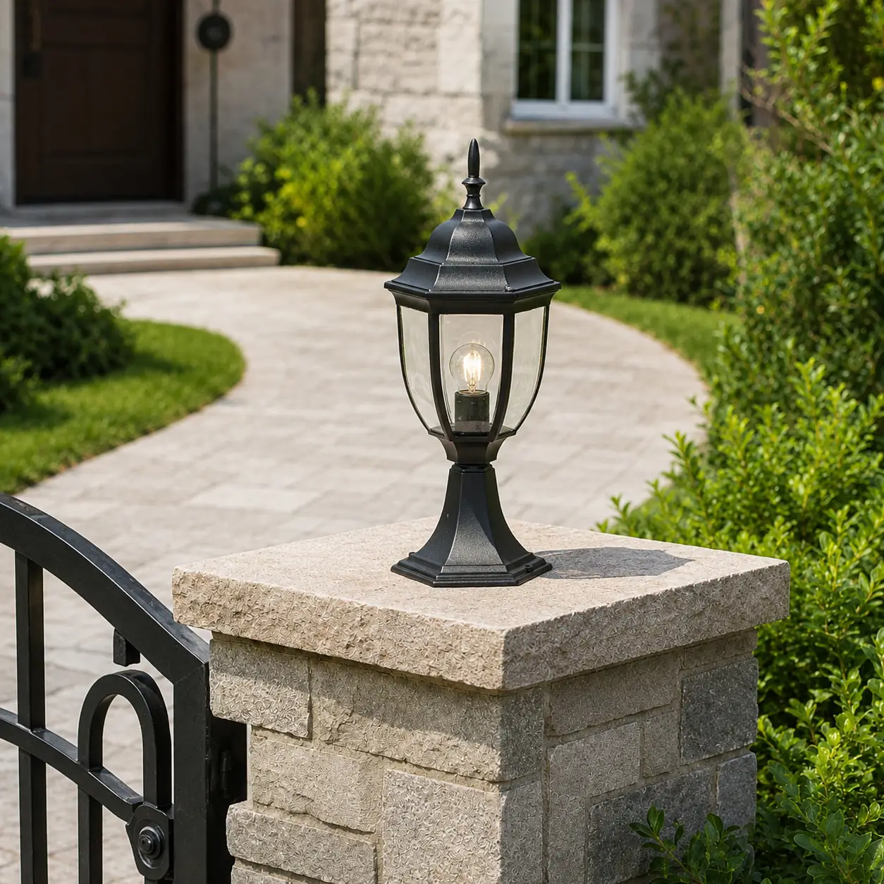 Traditional black metal tapered glass pillar post lantern light on stone brick post for outdoor walkway pathway styling.